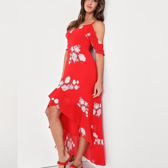 NWT Love in Bloom Red Floral Print Off-the-Shoulder High-Low Dress size small - Picture 3 of 13